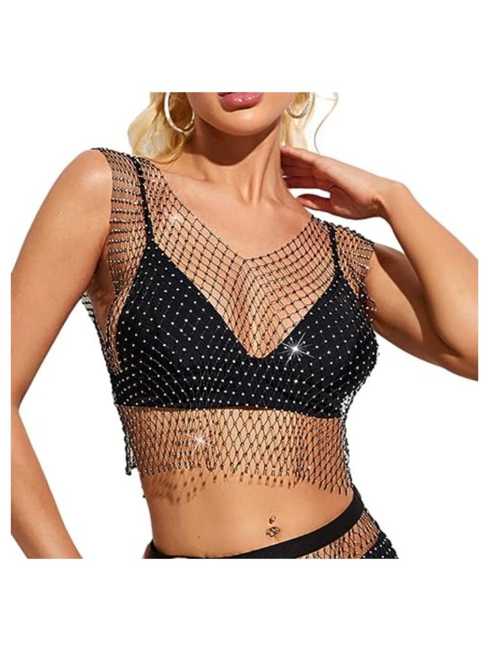 Rhinestone See Through Fishnet Mesh Crop Top Sleeveless Tank Clubwear